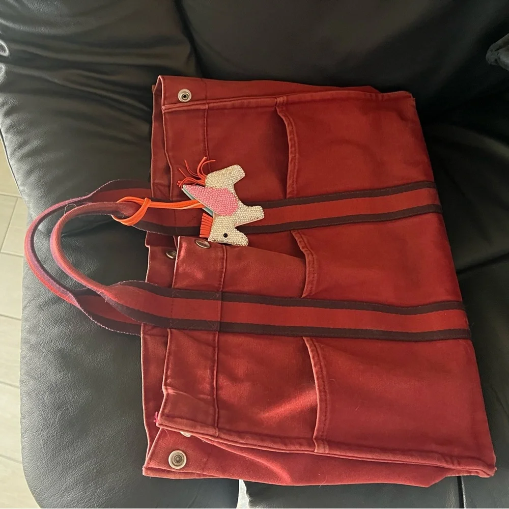 Hermes Vintage Fourre Tote Red Canvas Tote Bag with Horse Charm - Picture 8 of 9